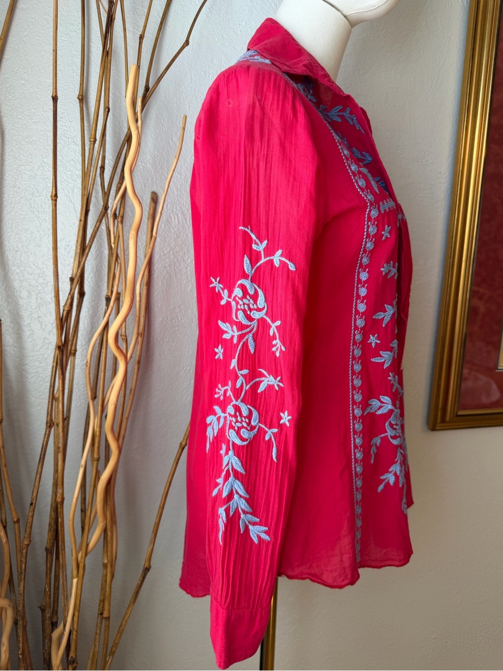 Johnny Was Red Button-Down Shirt with Light Blue Embroidery XS - Picture 8 of 13